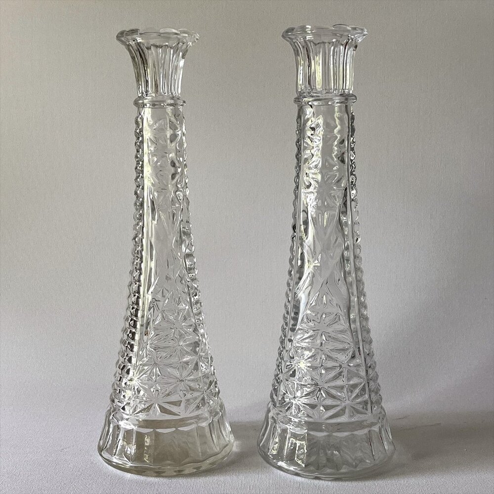 2 Vintage Anchor Hocking Clear Glass Bud Vases Stars Bars Starburst 9"